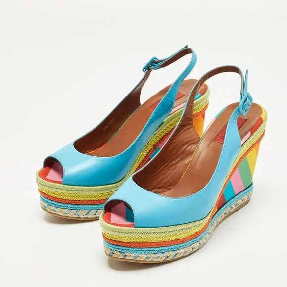 Valentino Size 41 Multicolor Leather Slingback Wedge Sandals - Picture 2 of 7